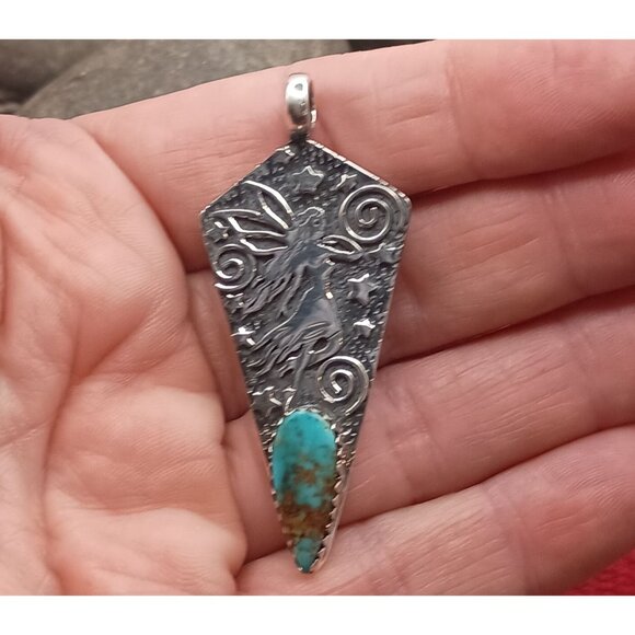 Sterling Silver Fairy Pendant Necklace Turquoise Moon Stars - Picture 3 of 8